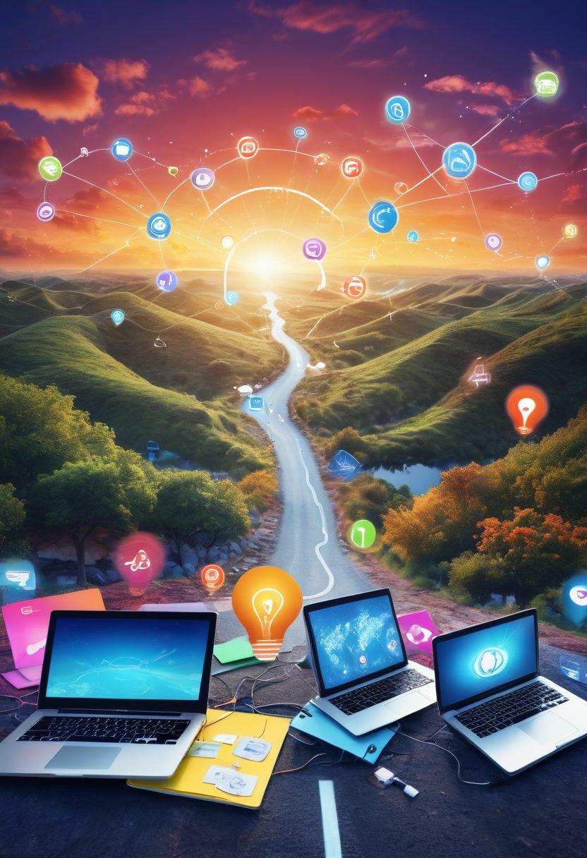 A vibrant digital landscape filled with various blog icons and tools, including laptops, notepads, and social media symbols, interconnected by pathways showing a map-like design. Include a diverse group of people brainstorming and sharing ideas, capturing the essence of collaboration and creativity. The background features a dynamic sky with lightbulbs representing innovation. super-realistic. vibrant colors. 3D.