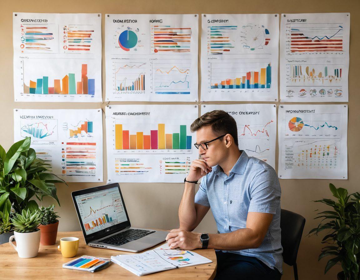 A person sitting at a desk with a laptop, deep in thought, surrounded by colorful charts and graphs illustrating growth and monetization strategies. A notepad filled with ideas, coffee cup steaming beside, and a small plant for a touch of nature. The backdrop has an inspirational wall with quotes about creativity and entrepreneurship. warm colors, inviting atmosphere. super-realistic. vibrant colors.