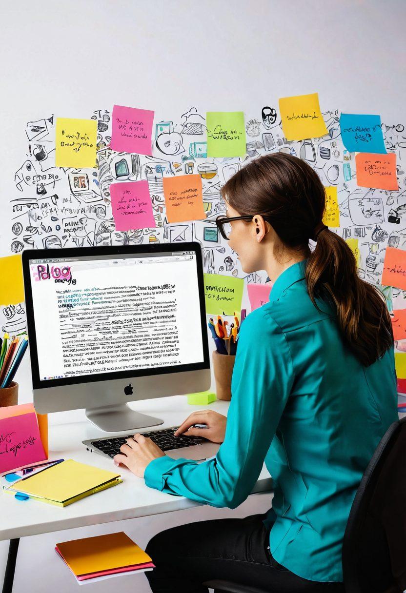 A dynamic scene featuring a creative individual at a desk surrounded by vibrant blog-related elements: a glowing laptop screen showcasing a thriving blog, an overflowing notebook with ideas sketched out, and colorful sticky notes with tips scattered around. The background should depict a supportive online community with digital icons symbolizing engagement and connection. Add an inspirational quote banner floating above for motivation. super-realistic. vibrant colors. white background.